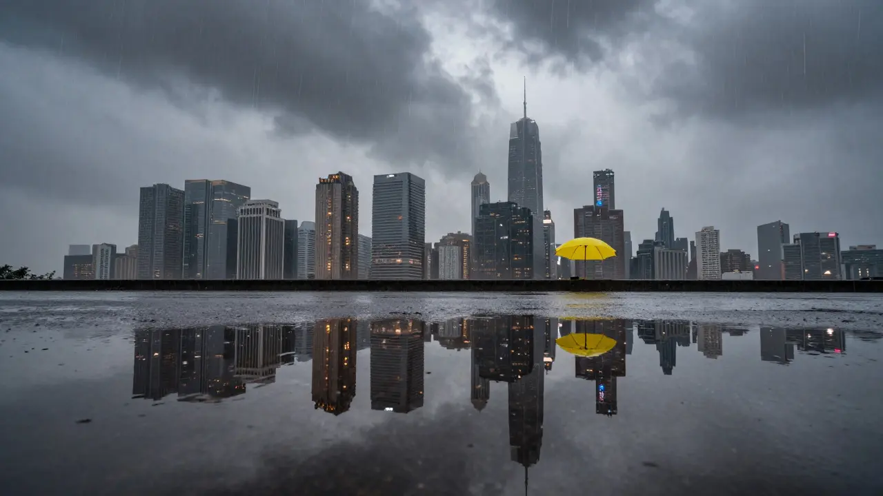 Low-angle view of a city skyline reflected in a rain puddle with falling rain streaks