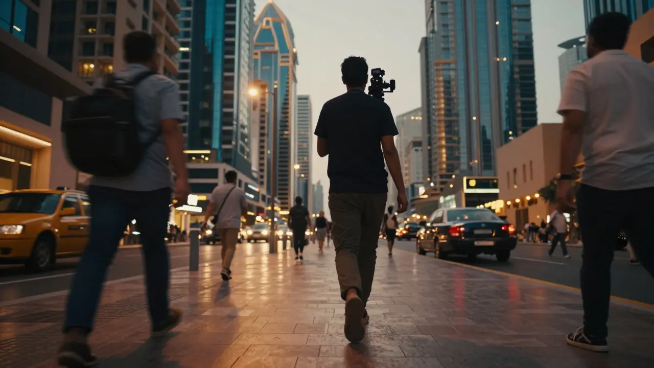 Low-angle view of a videographer walking smoothly through a city street at dusk