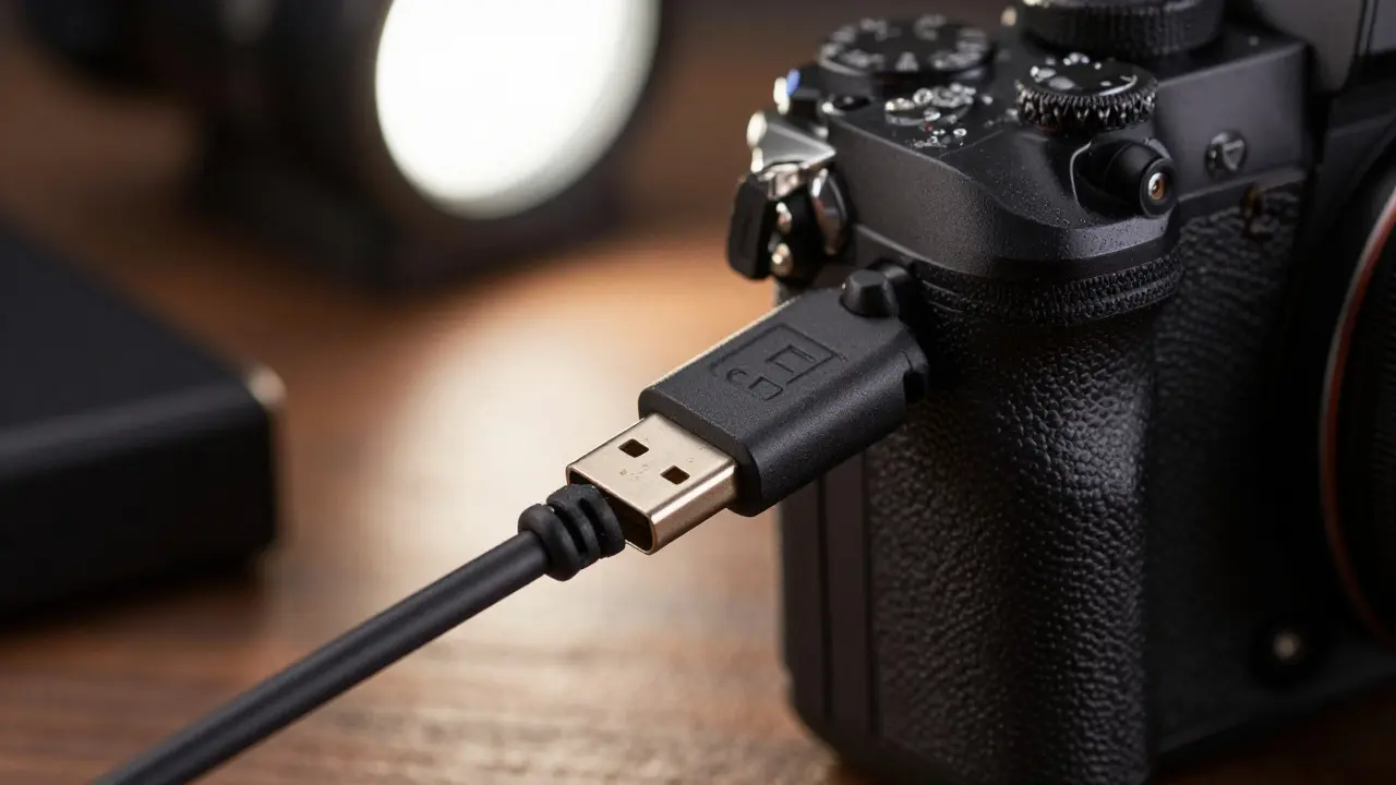 Macro view of USB-C cable plugged into professional camera