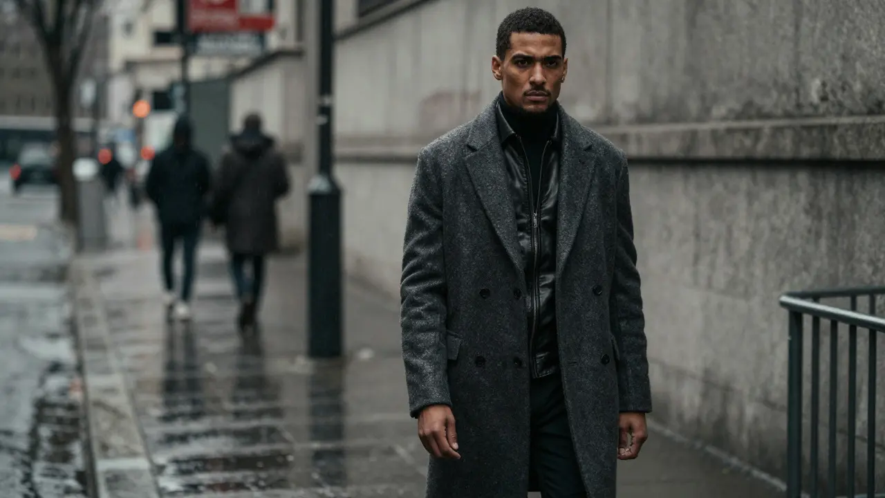 Man in wool coat standing on wet street in rainy weather