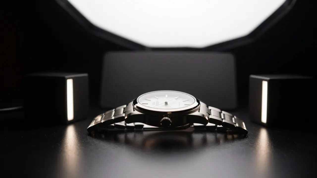 Metallic watch with vertical highlights defining its edges and case