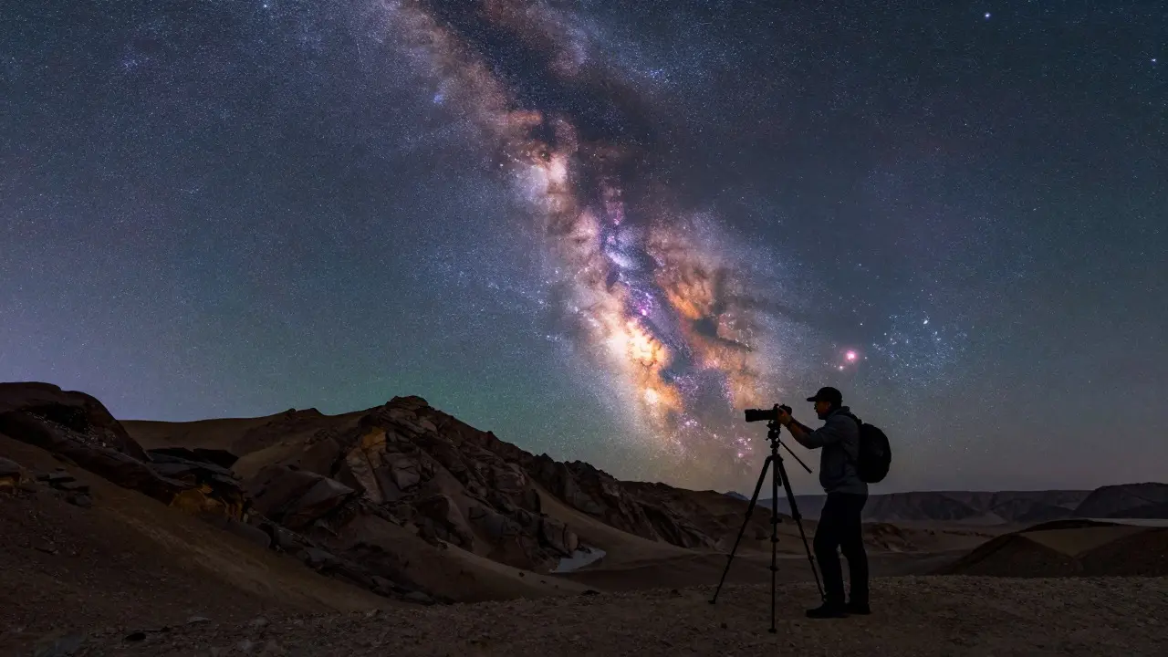 Milky Way arching over a desert landscape with a photographer