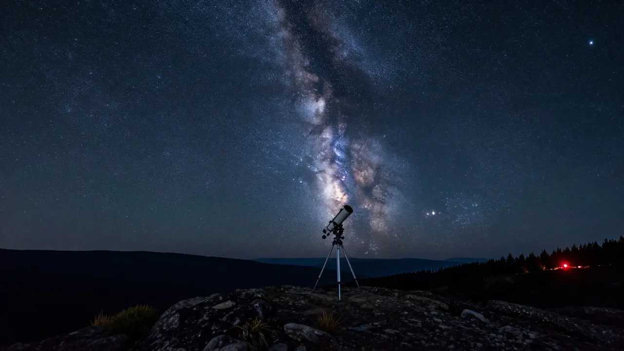 Milky Way over a remote telescope setup in a dark sky location