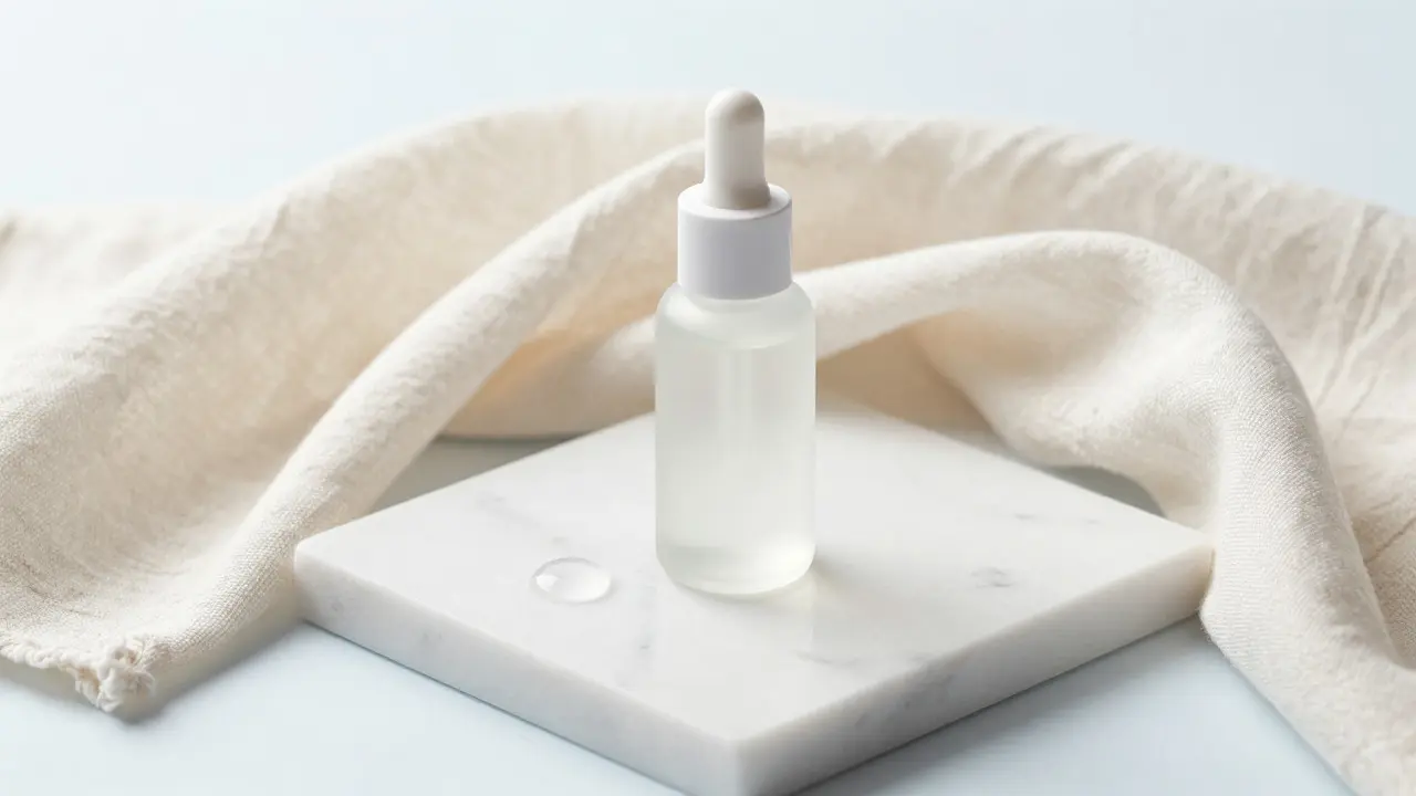 Minimalist skincare bottle on marble with linen and water drop