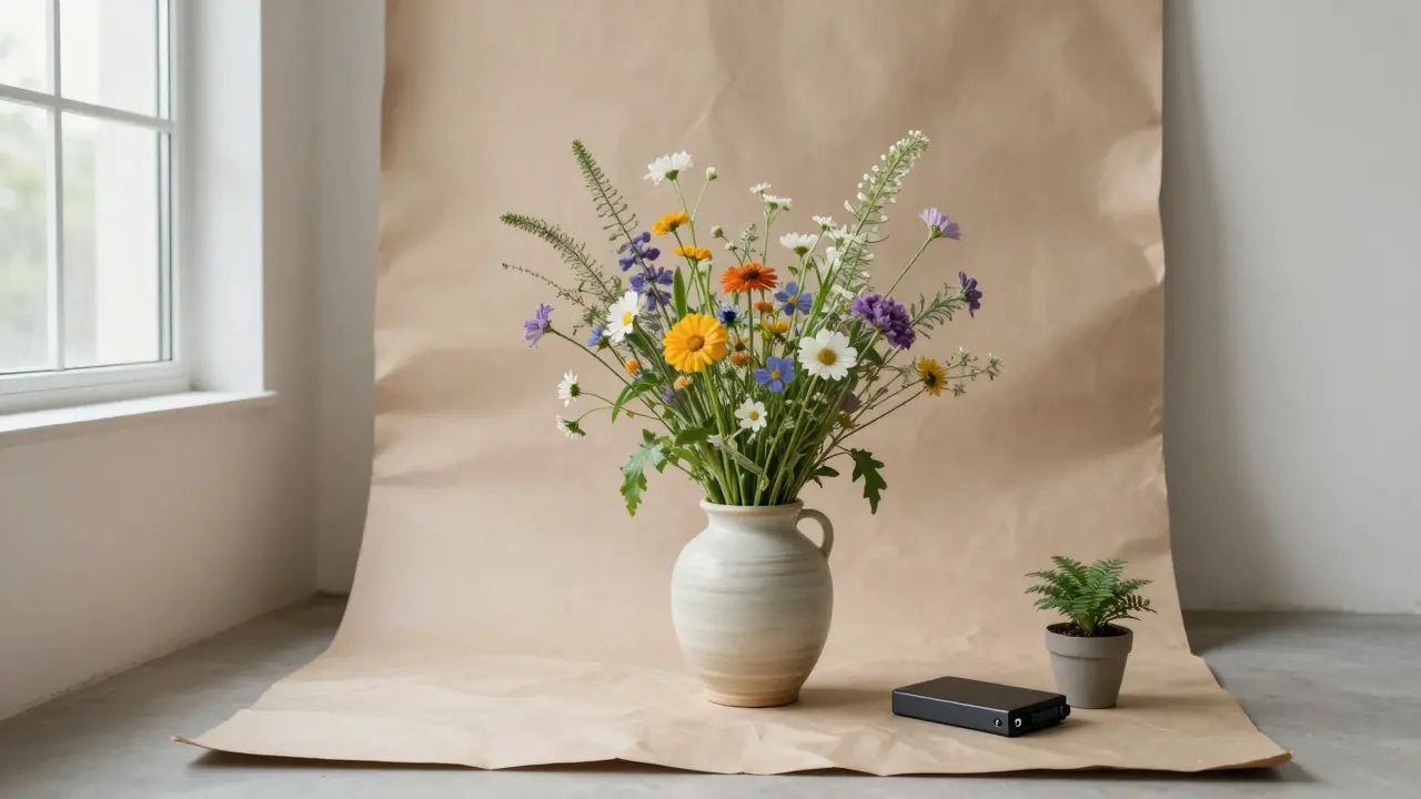 Minimalist studio setup using natural light and local props for sustainable photography