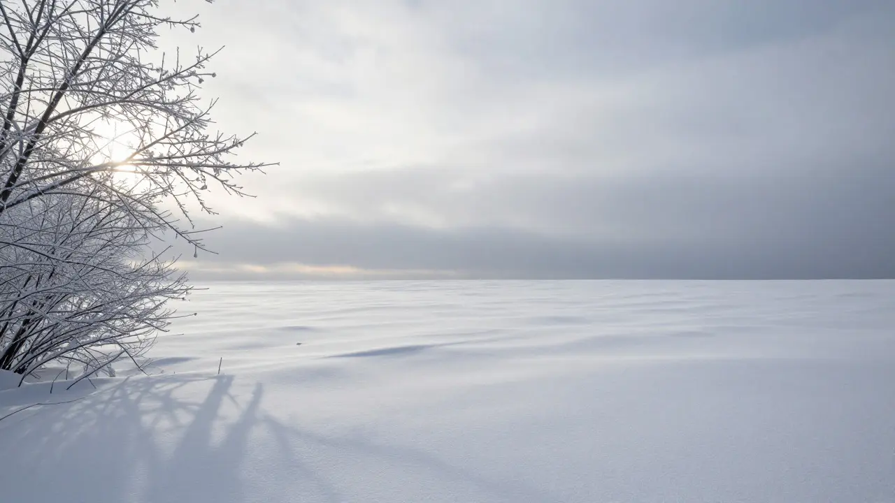Minimalist winter landscape with bare trees and long shadows on snow