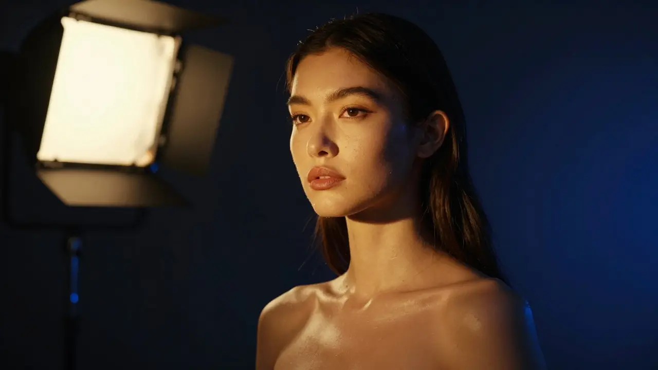 Model lit by warm and cool split spectrum studio lights