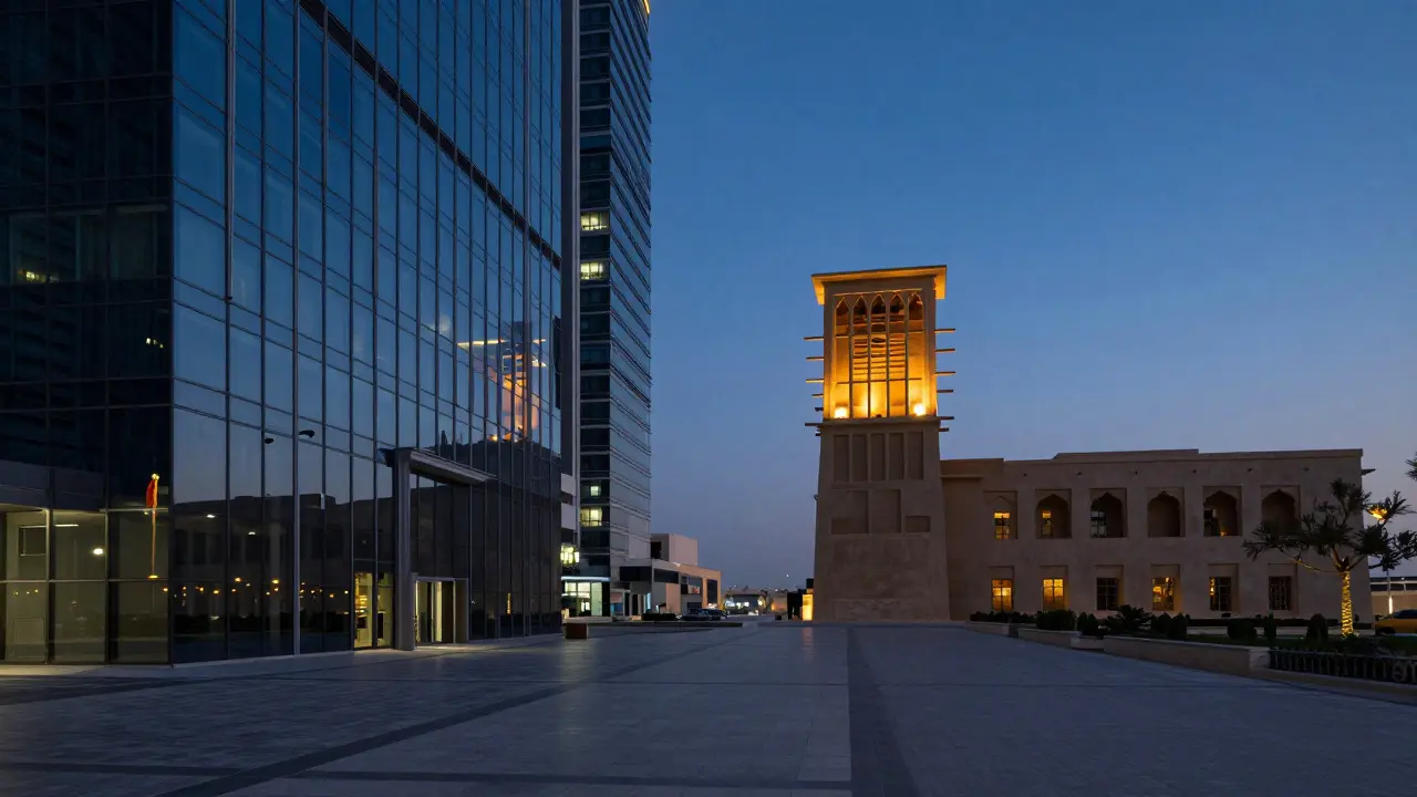 Modern glass skyscraper and traditional wind tower at dusk in UAE