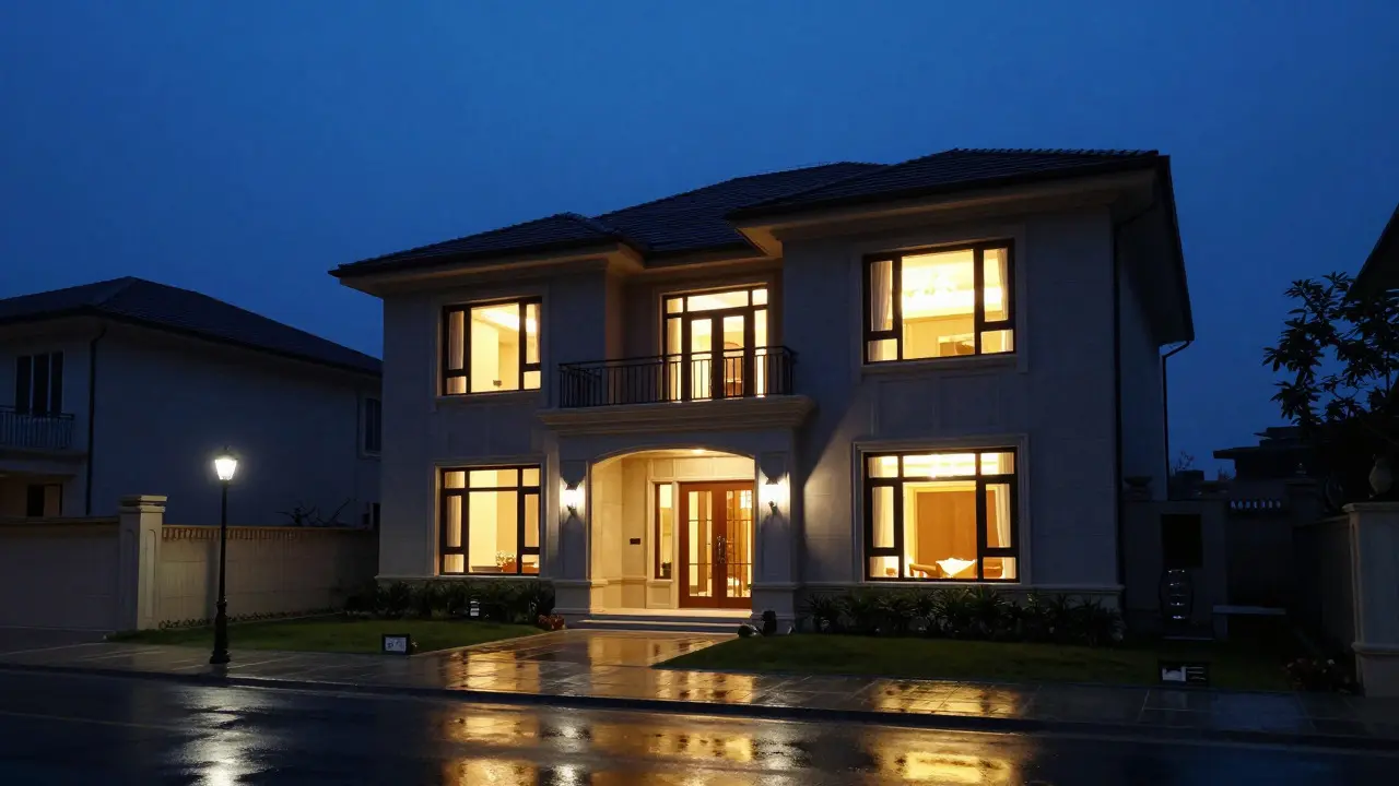 Modern home at blue hour with glowing interior windows against a deep blue sky
