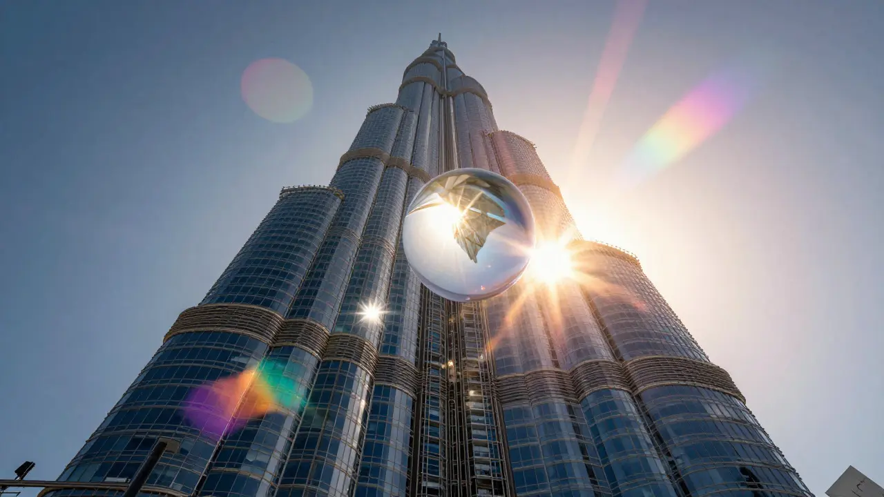 Modern skyscraper illuminated by prism effects and starburst light flares