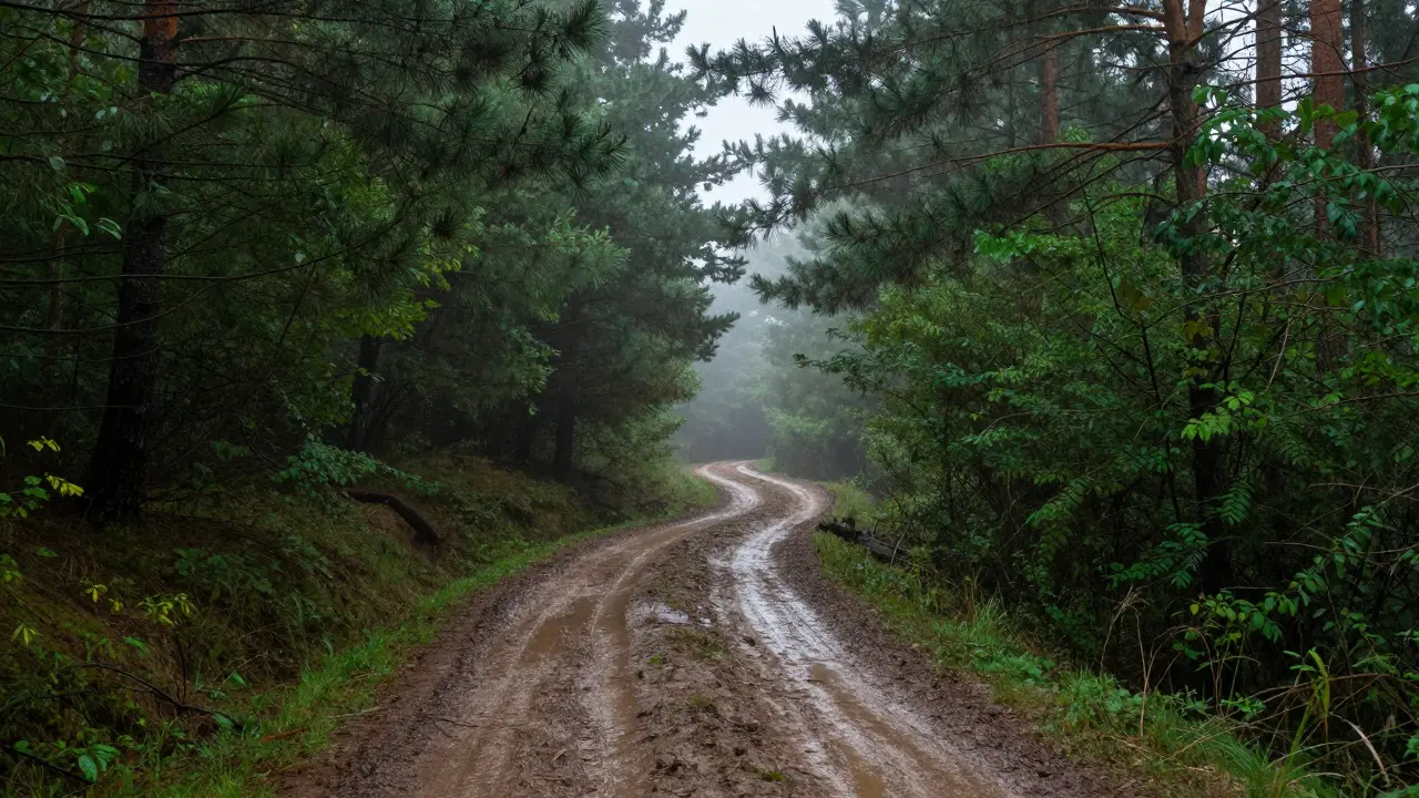Muddy forest trail winding into the misty distance