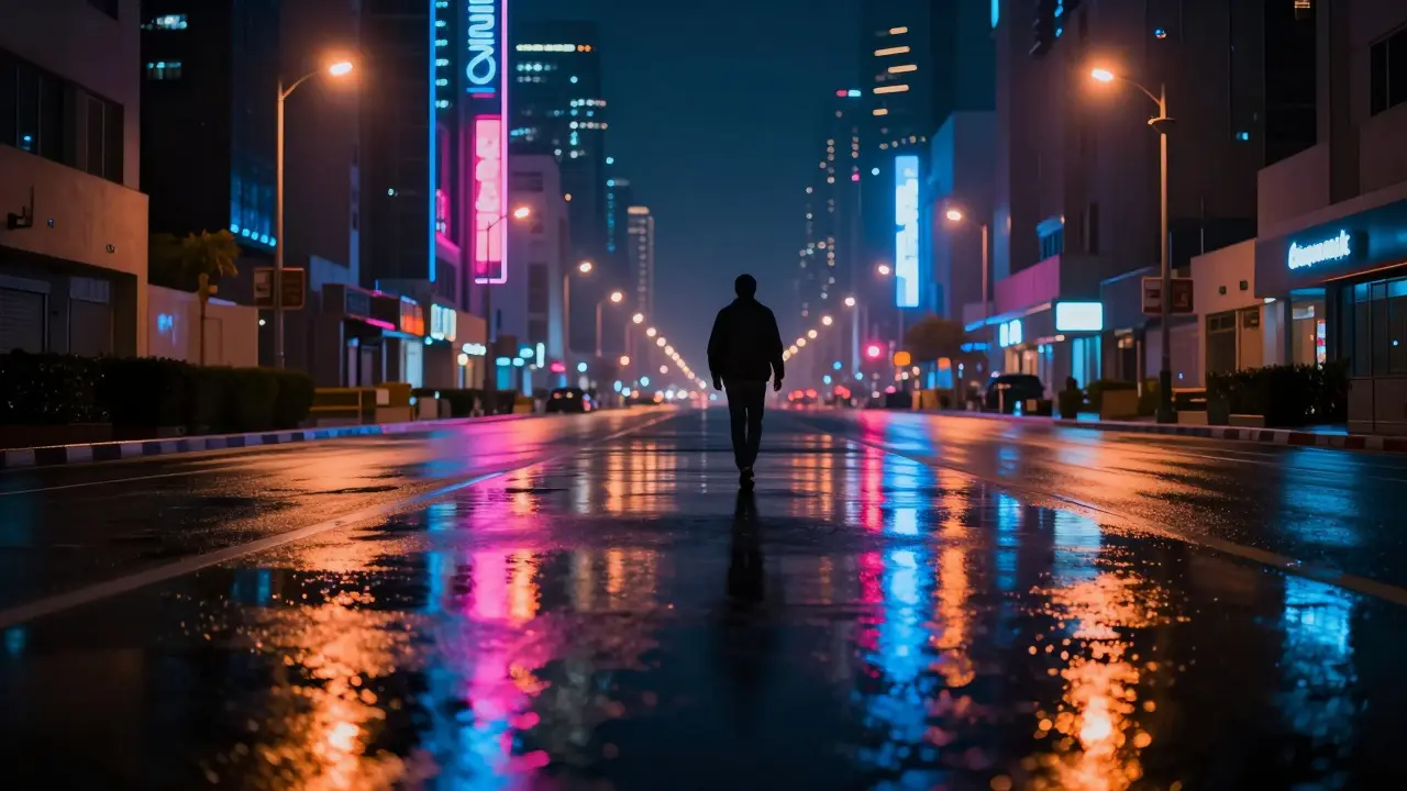 Neon lights reflecting in wet pavement on a rainy night in a UAE city