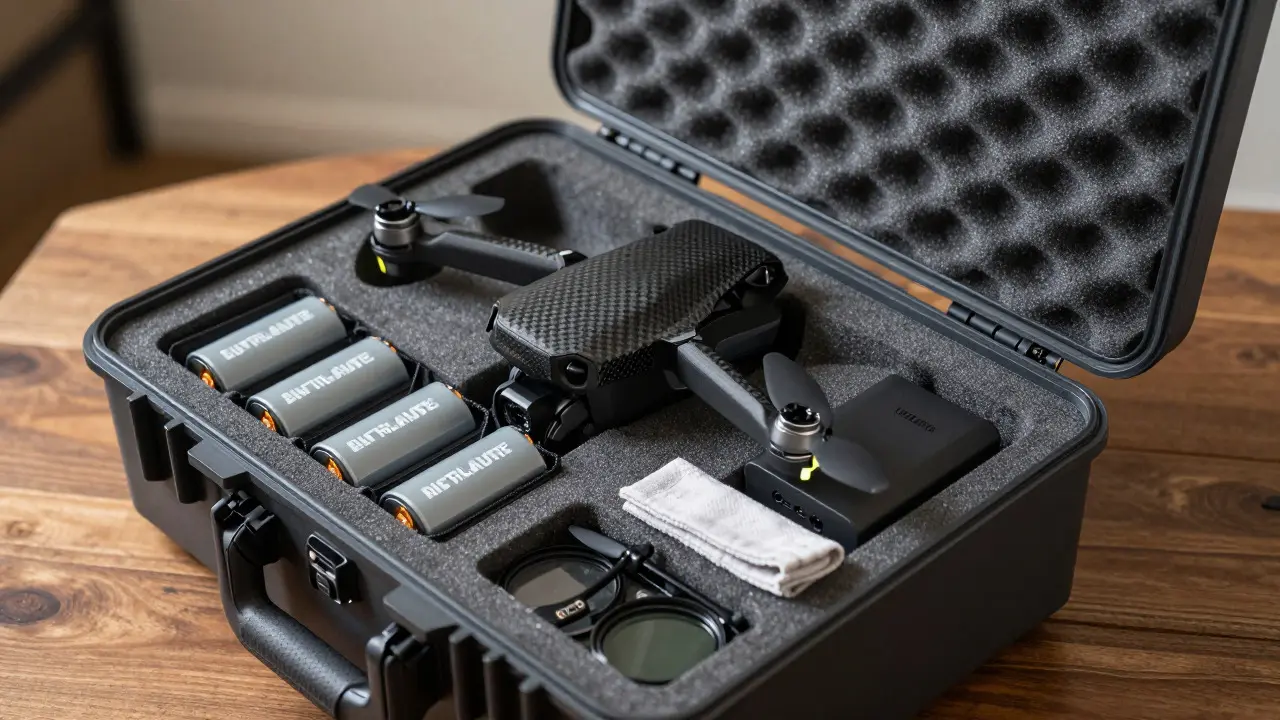 Open drone case containing drone, batteries, and accessories on a table