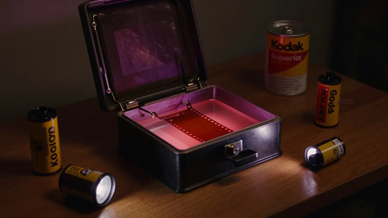 Open film developing tank with chemical solution and film rolls on a darkroom table