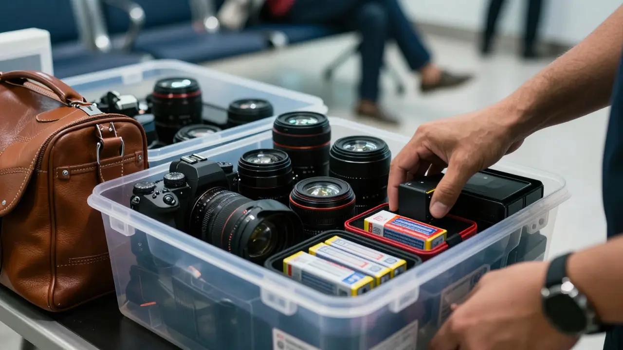 Organized camera gear and batteries in bin at airport security checkpoint