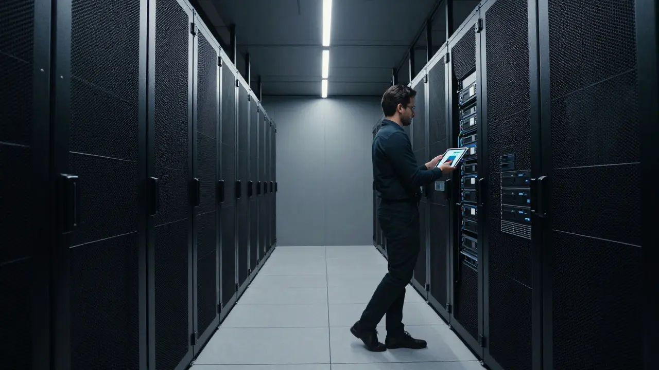 Organized server room with NAS units and tape libraries in dim light