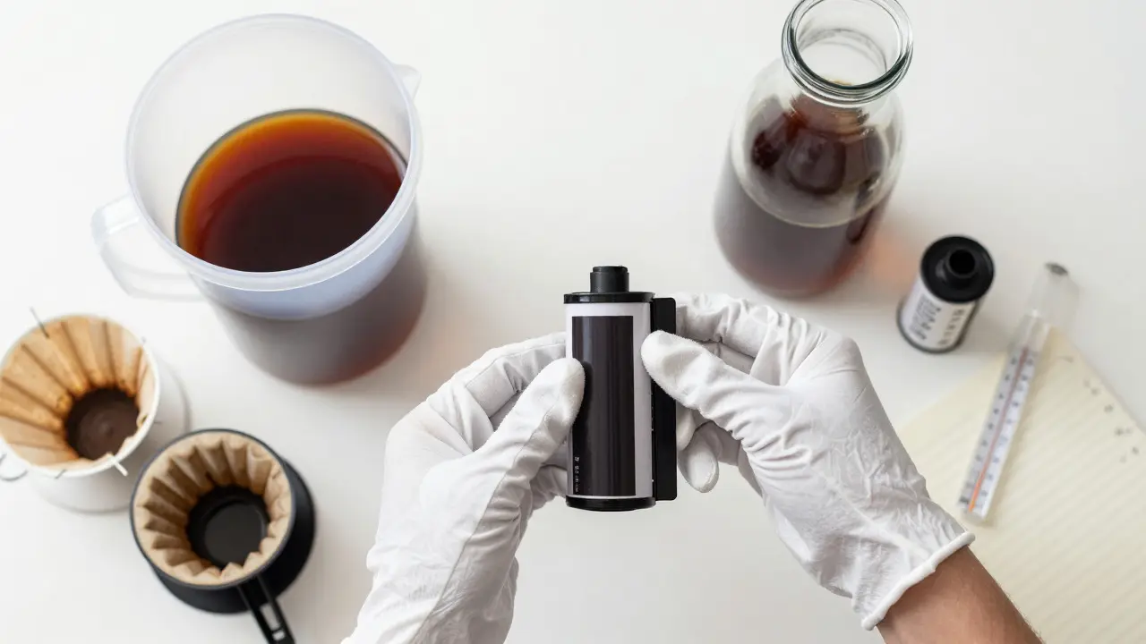 Overhead view of hands loading film near coffee and beer containers