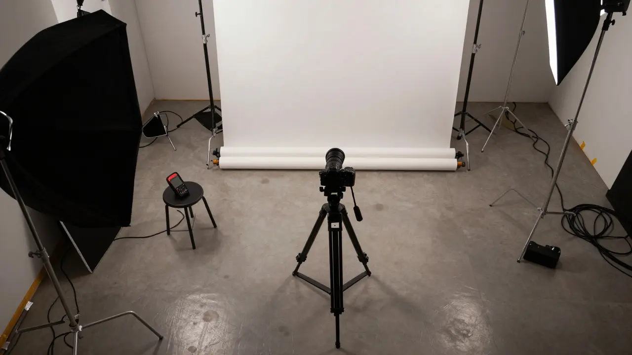 Overhead view of studio equipment including camera, backdrop, and light meter