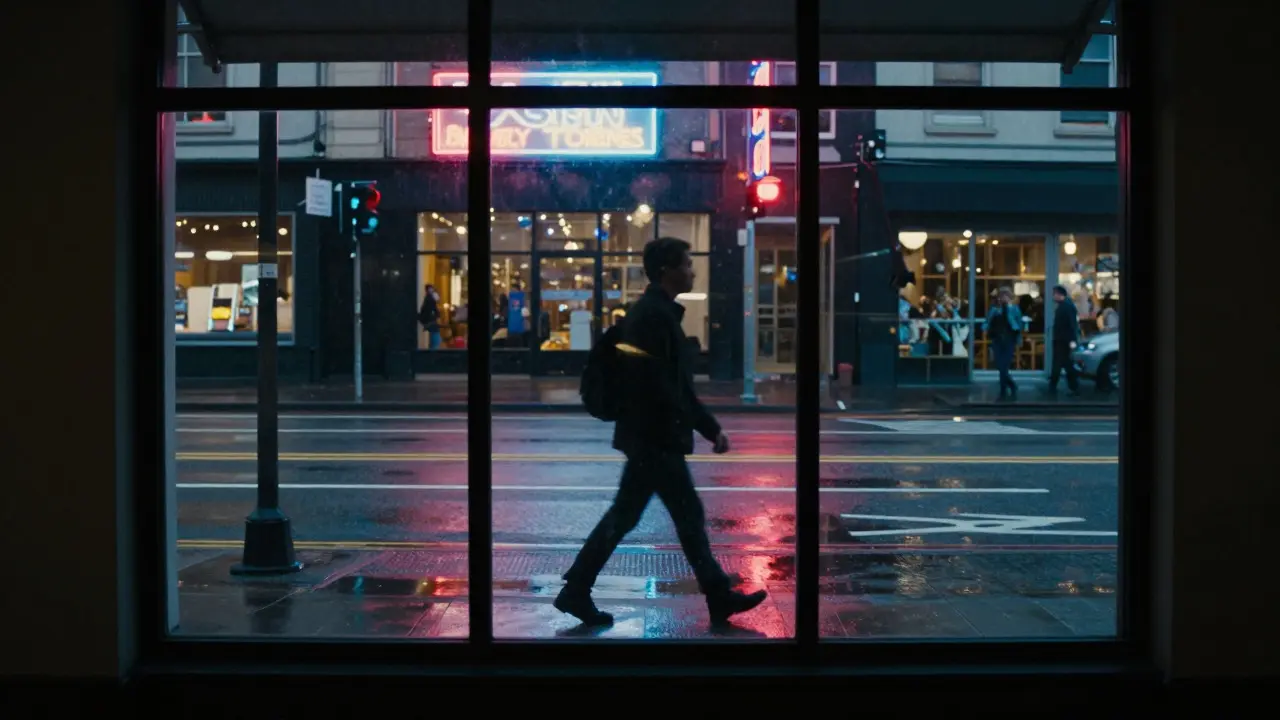 Pedestrian seen through a shop window with neon reflections on the glass