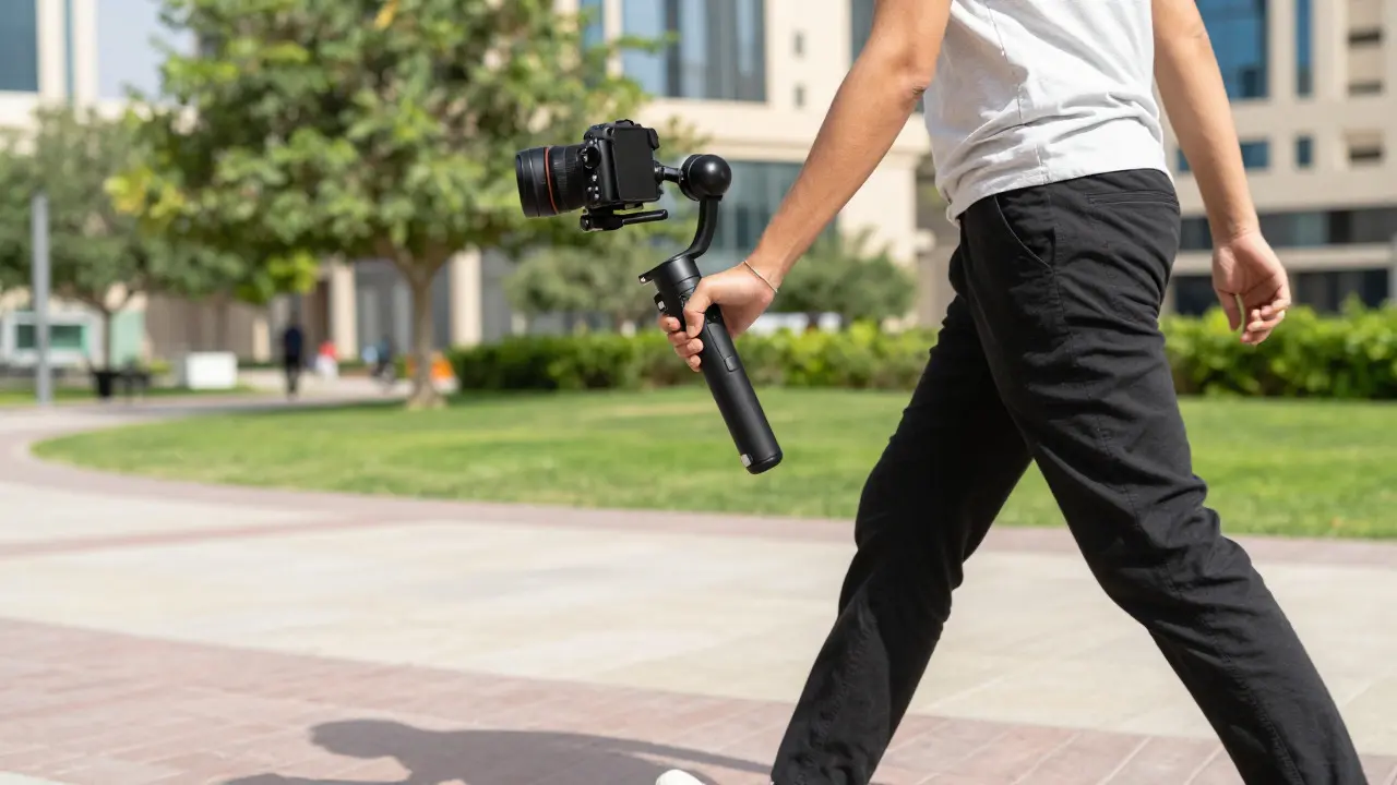 Person using a handheld gimbal to film in a sunny urban park setting