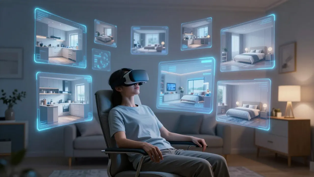 Person wearing a VR headset surrounded by floating house interiors
