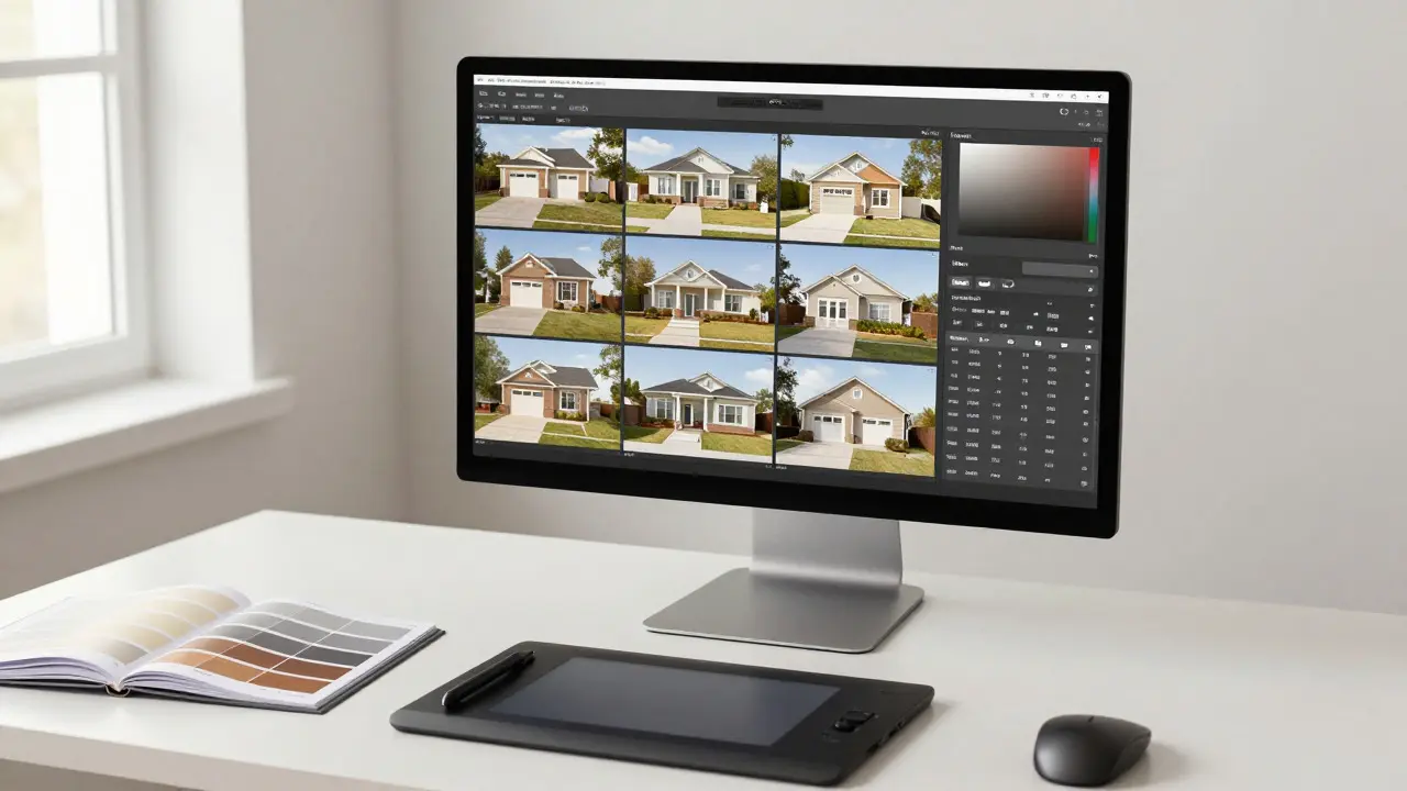 Photo editing workspace with calibrated monitor and color swatches