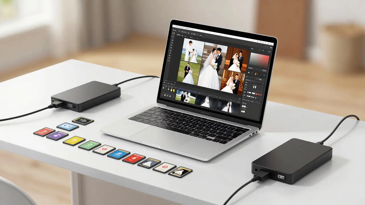 Photographer's desk with laptop, hard drive, and memory cards during post-processing