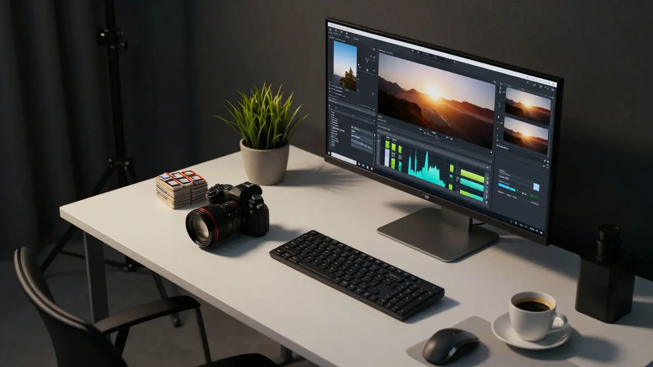 Photographer's studio desk with camera, monitors, and coffee in a Dubai setting