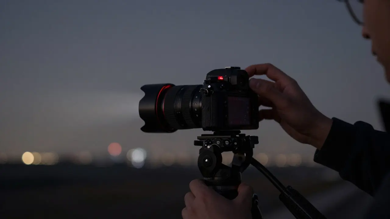 Photographer adjusting camera gear with red light near a distant city glow