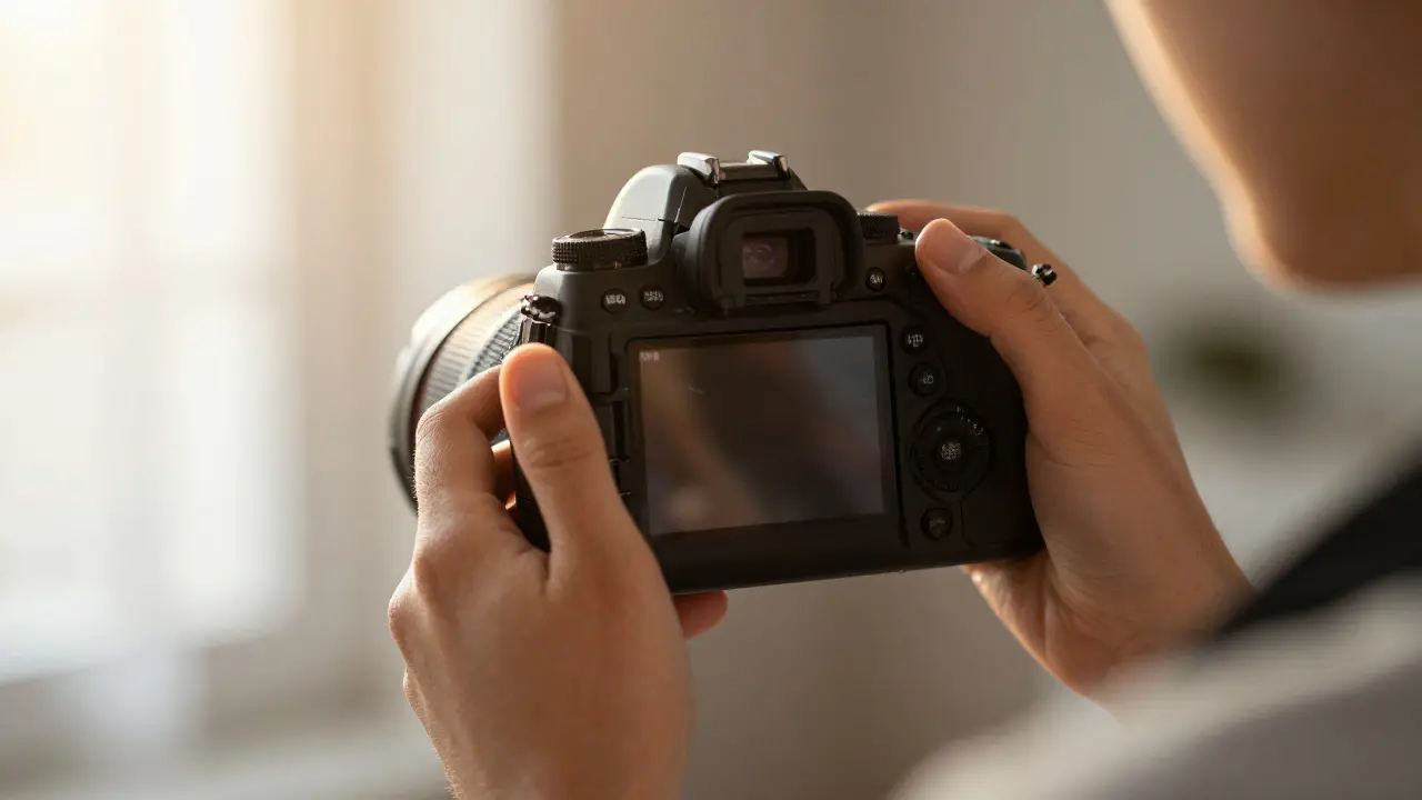Photographer adjusting camera settings in a sunlit room