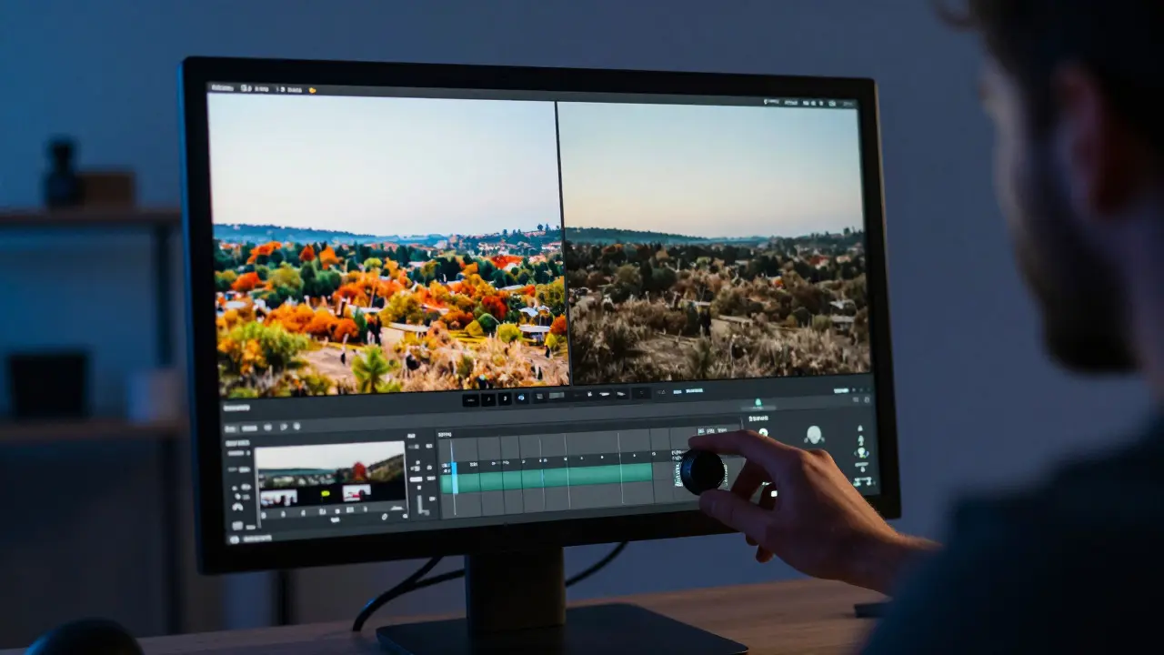 Photographer adjusting selective color settings in a dimly lit studio