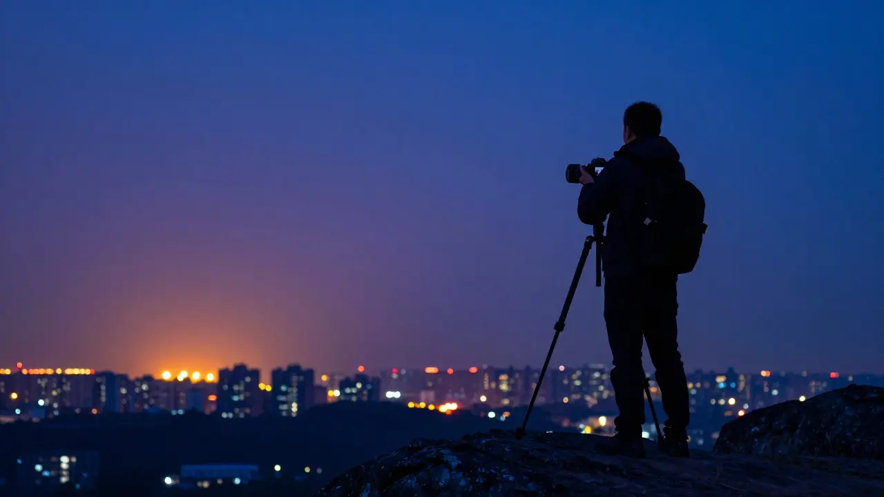 Photographer assessing light pollution from a rocky outcrop at dusk