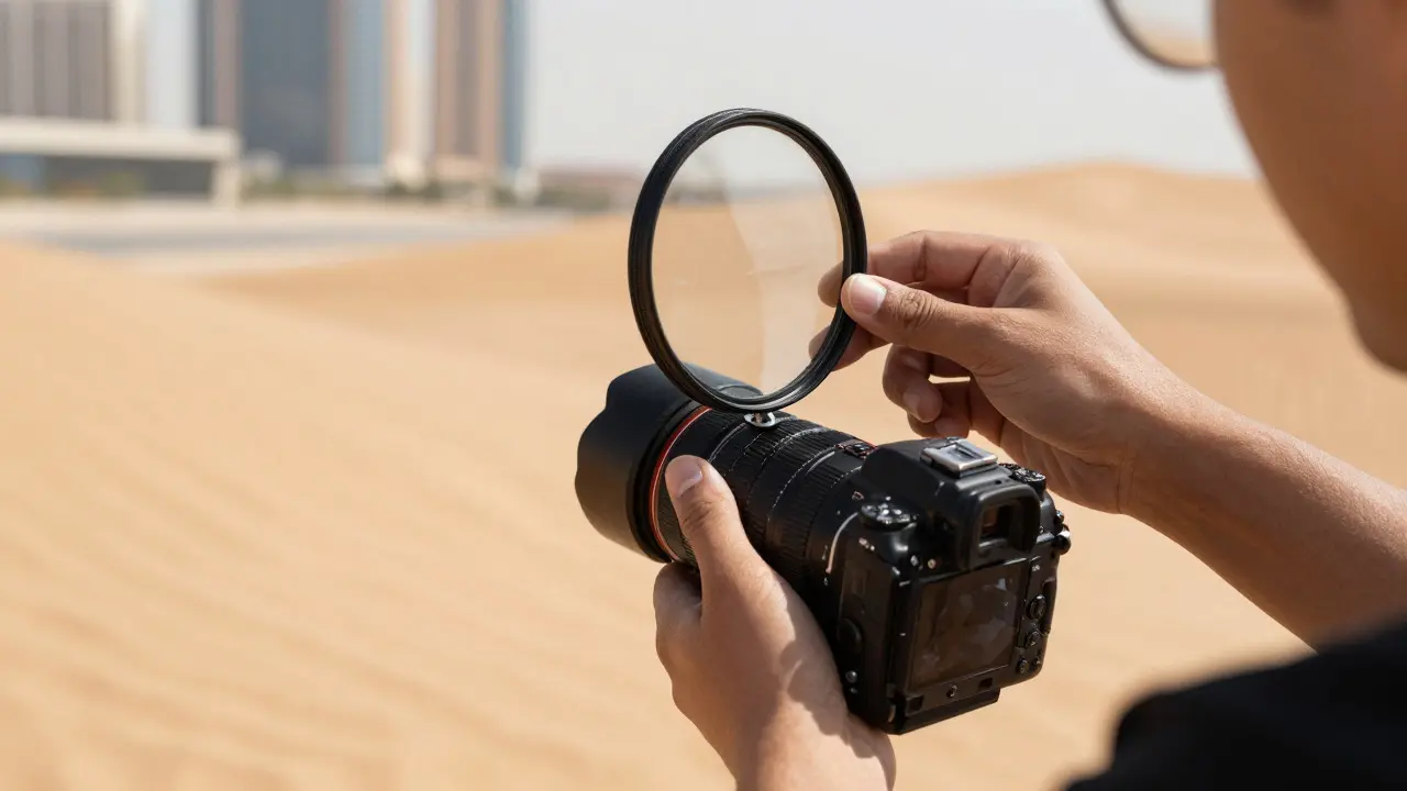 Photographer attaching a diffusion filter to a camera lens outdoors
