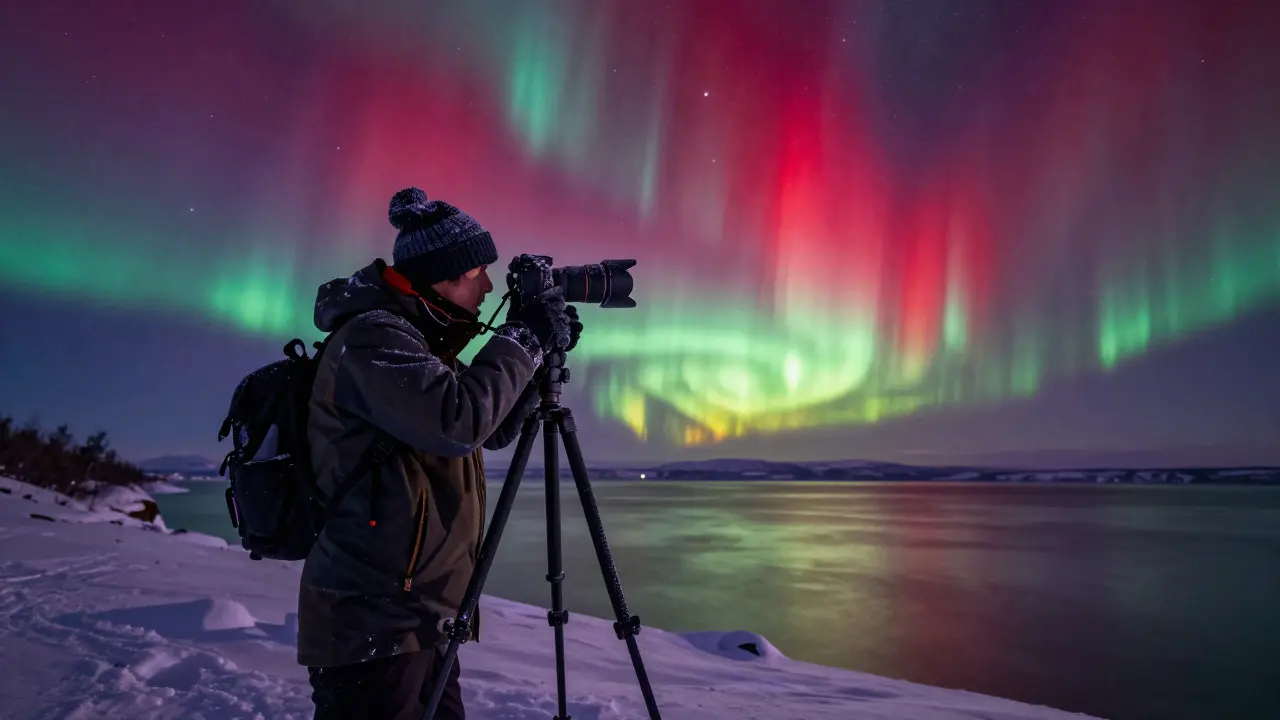 Photographer capturing a vivid red and green aurora on a tripod