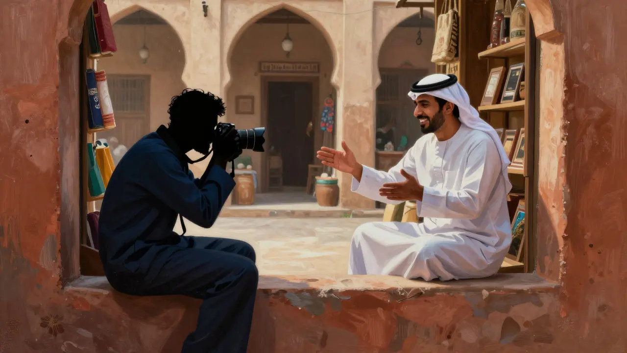 Photographer chatting with local shopkeeper in a vibrant Middle Eastern market