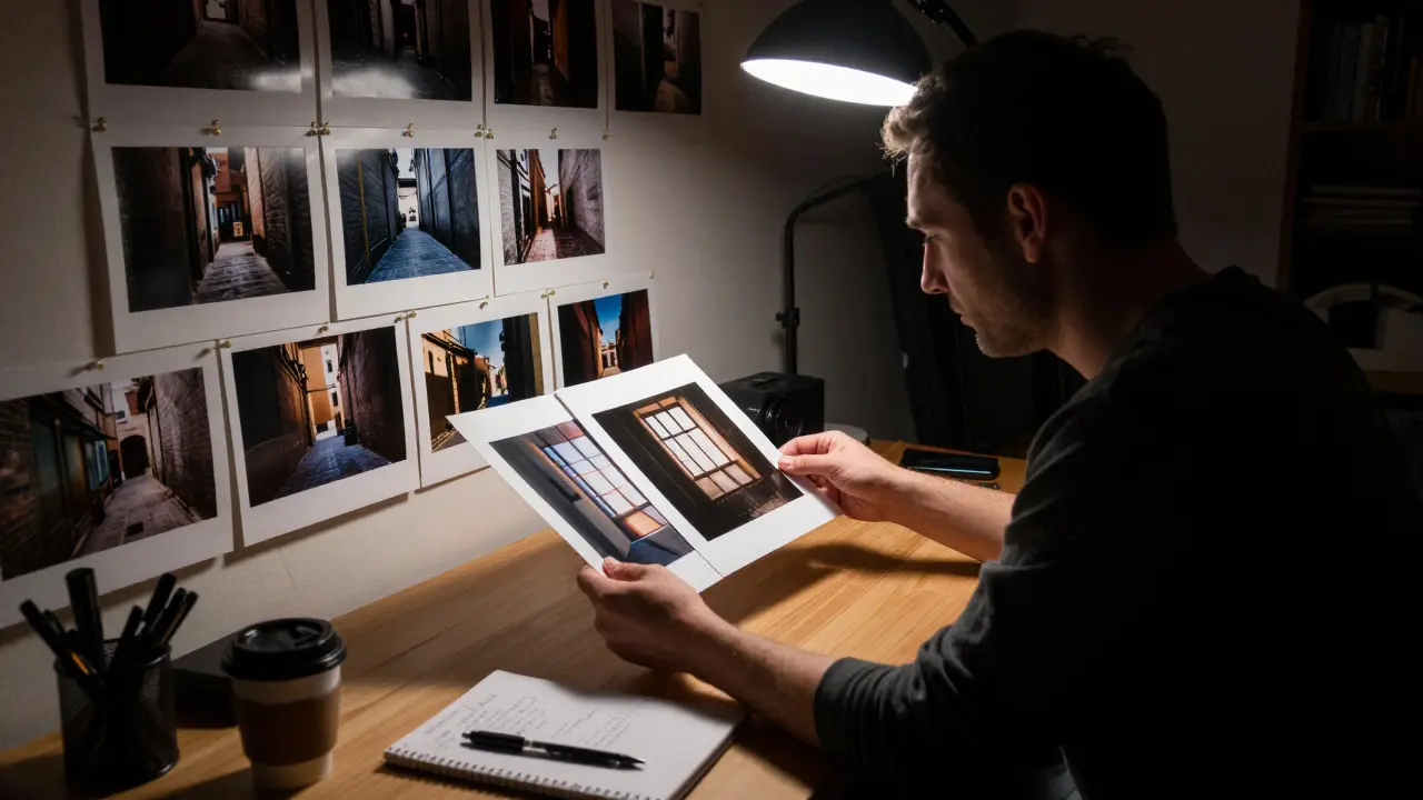 Photographer curating printed photos at a desk in a dimly lit studio
