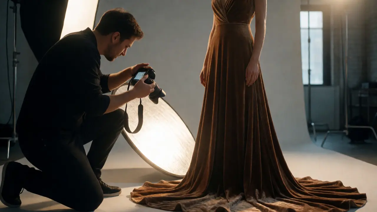 Photographer directing model with heavy velvet dress indoors