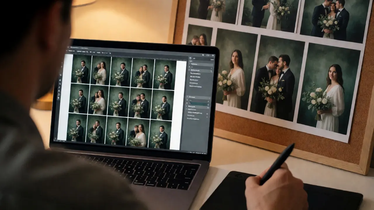 Photographer editing a grid of consistently graded wedding photos