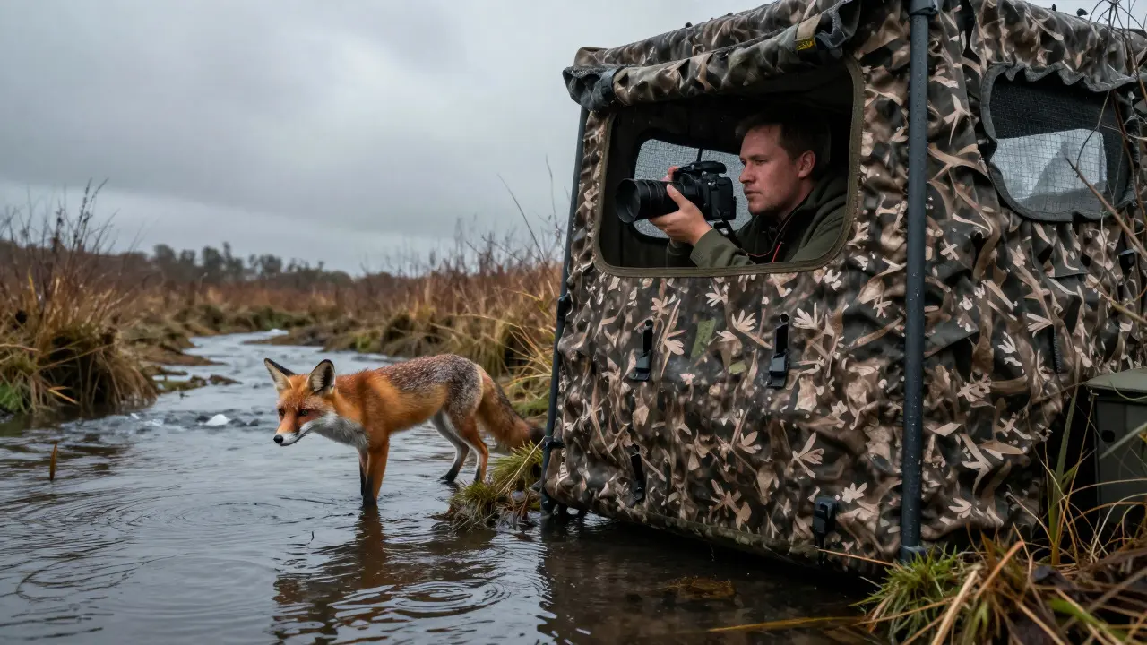 Photographer in blind observing fox near stream in rainy weather