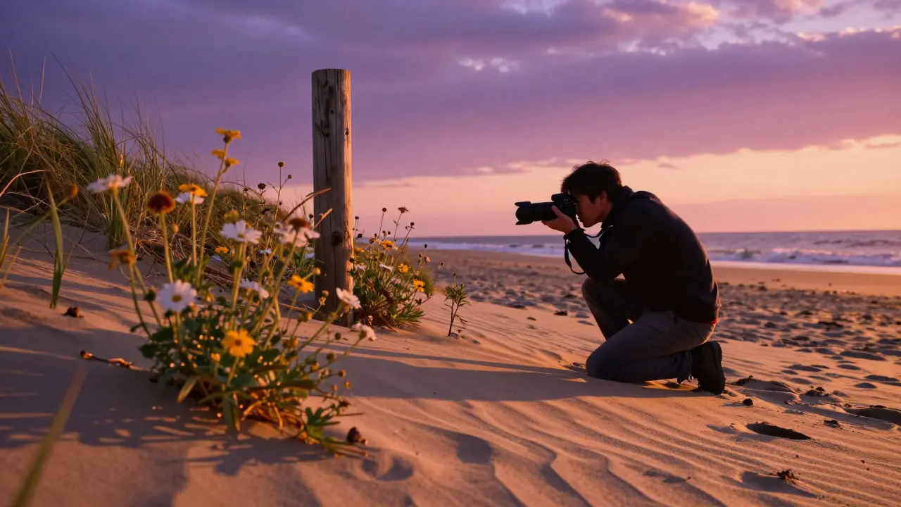 Photographer kneeling on a beach framing wildflowers against a sunset