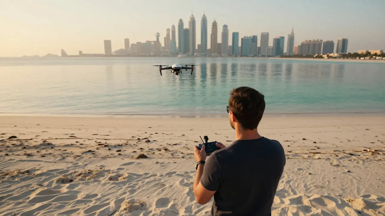 Photographer operating a drone over a beach with a city skyline in the background