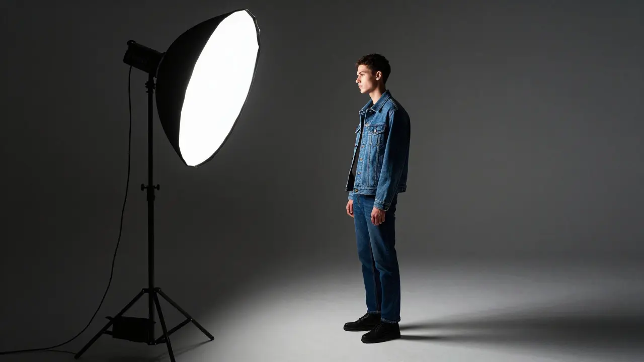 Photographer positioning light for denim jacket texture in studio