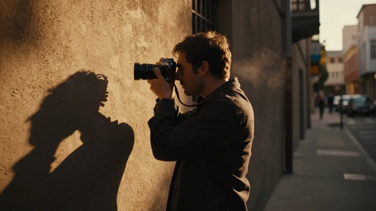 Photographer replicating a street scene in golden hour light