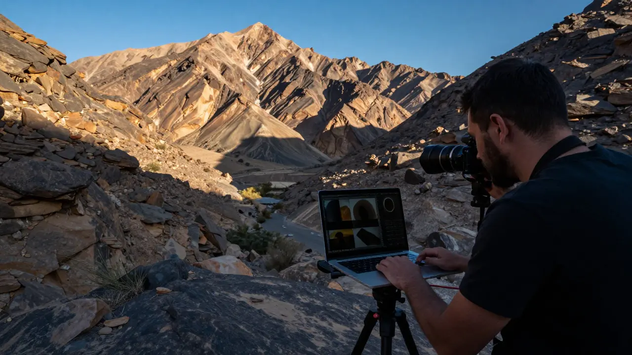 Photographer reviewing bracketed shots on a laptop in a rugged mountain landscape