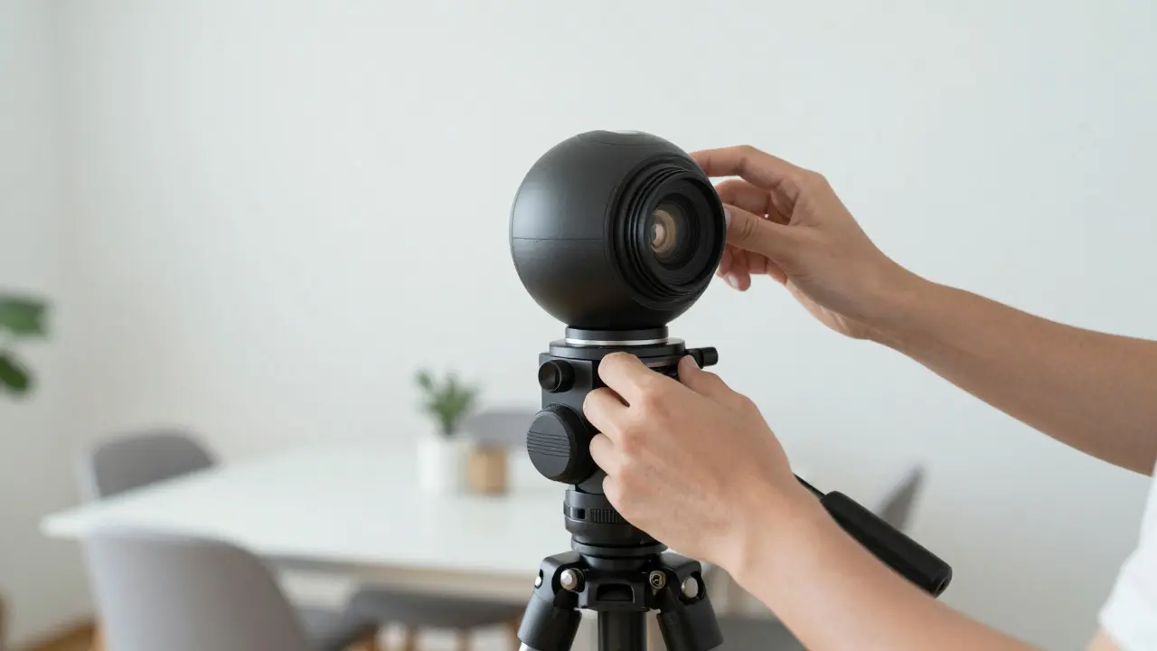 Photographer setting up a 360 camera on a tripod in a dining room