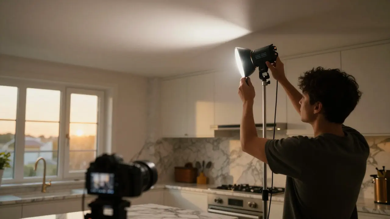 Photographer setting up external flashes for flambient lighting in a luxury kitchen.