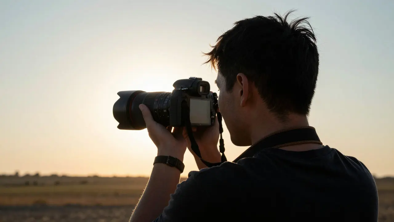 Photographer shooting backlit portrait with glowing rim light