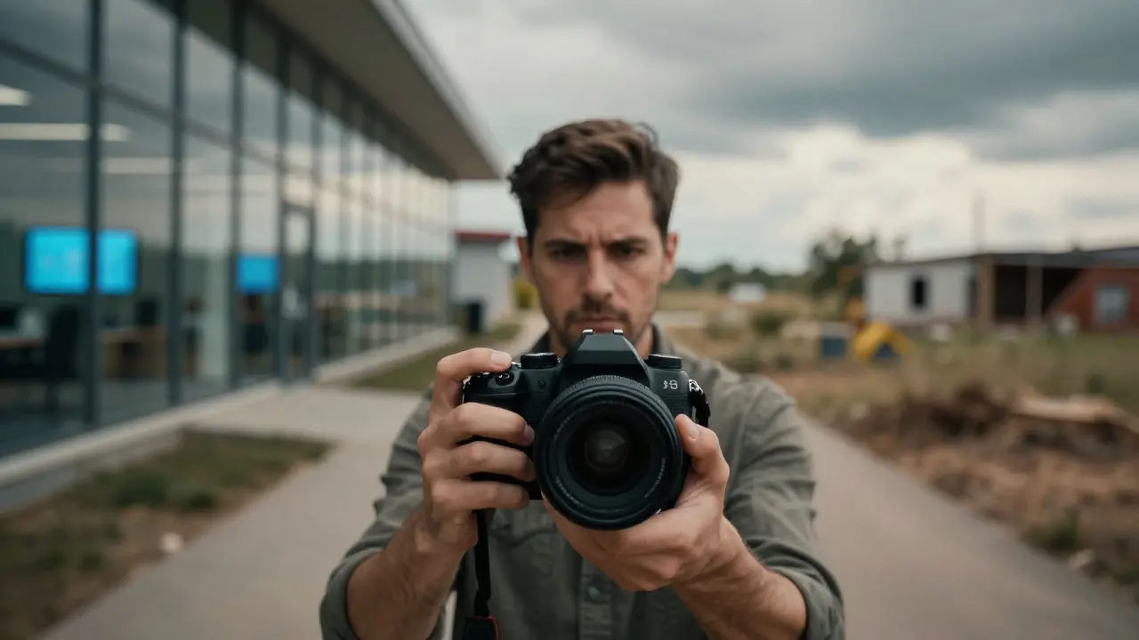 Photographer standing at a crossroads between a corporate office and a rustic landscape