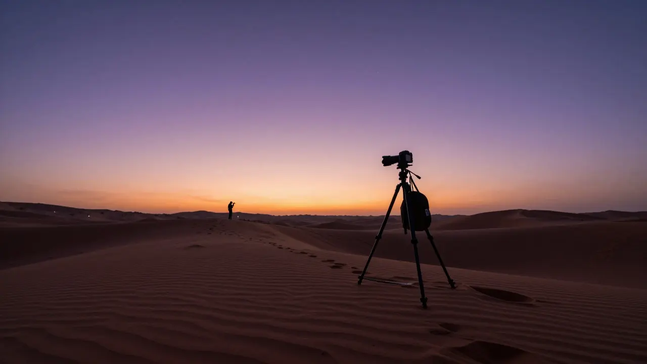 Photographer standing near a tripod on a desert dune during twilight in the UAE