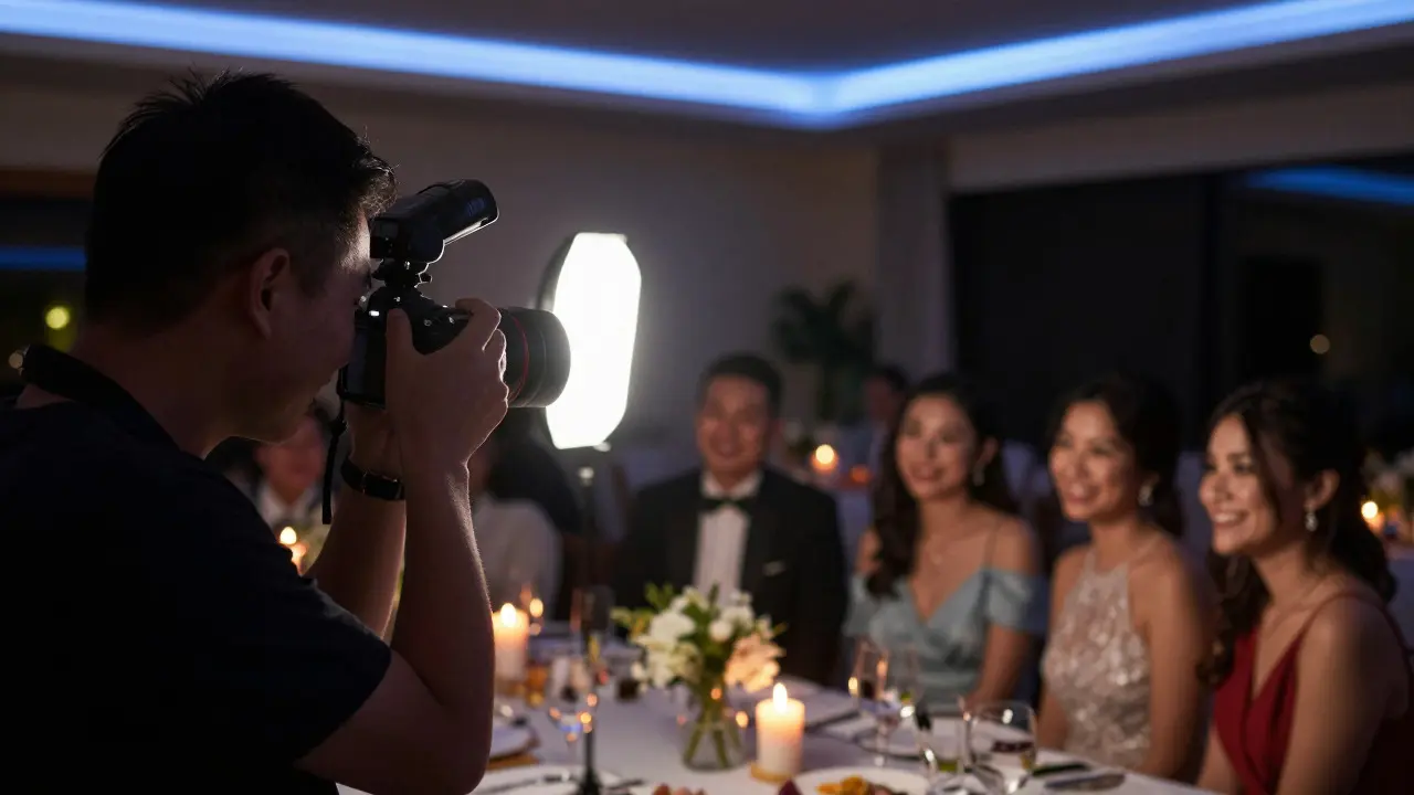 Photographer using a bounced flash to illuminate a group of wedding guests